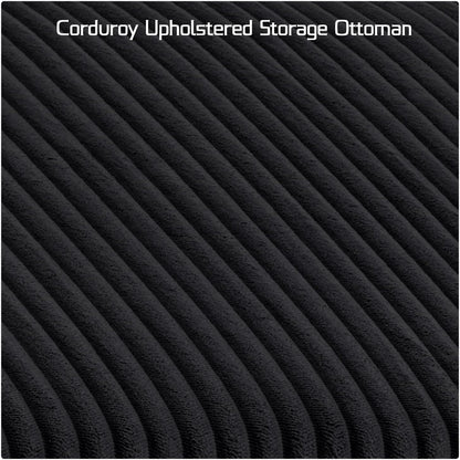 55" Corduroy Storage Ottoman Bench, Queen Bed, Black | End of Bed, Bedroom/Entryway/Closet, Window Seat, Lift-Top Storage, Tufted Button, Solid Wood Legs, for Queen & King