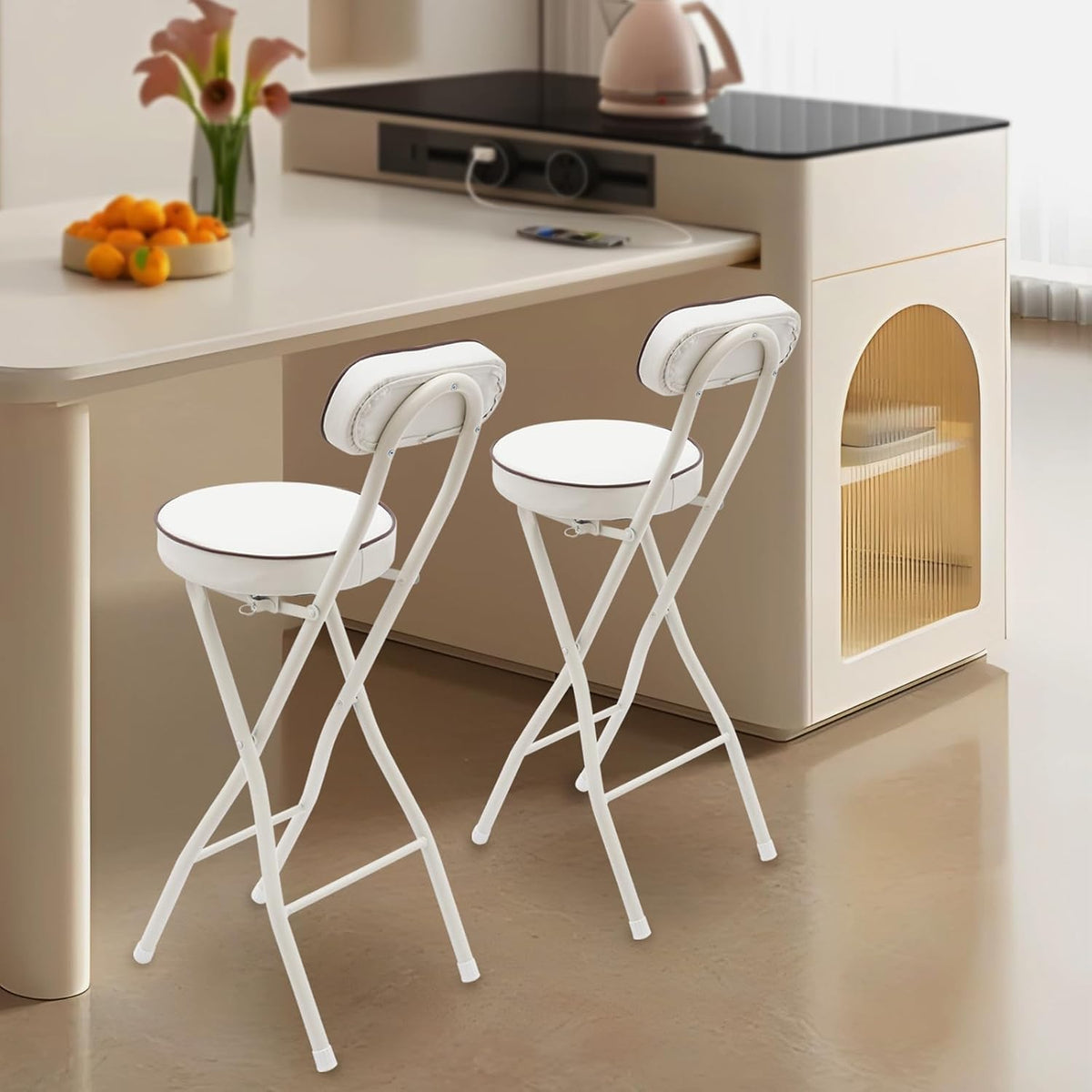 2 Pcs Folding Bar Stool with Backrest, 25.6in Tall Bar Stools with Padded Cushion and 275.58lbs Loading Weight, Counter Height Portable Chairs for Camping Hiking Picnics Barbecues Traveling (White)