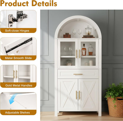 SOFTSEA Arched Kitchen Pantry Cabinet with Glass Door, 71" Tall Cupboard Cabinet with Adjustable Shelves & Barn Door, Farmhouse Kitchen Hutch with Drawer for Dining Room, White