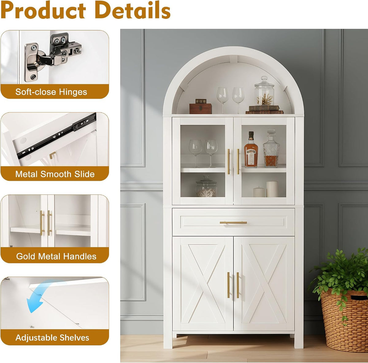 GDFStudio 71" Tall Arched Cabinet with Glass Door & Barn Door Design, Modern Farmhouse Storage Cabinet with Adjustable Shelves - White