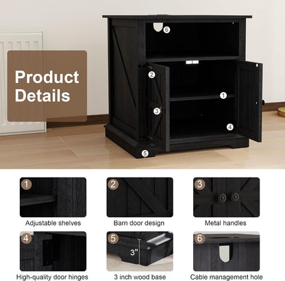 MUUEGM End Table with Charging Station, 24 Inch Farmhouse Sofa Side Tables Living Room, Wood Rustic Nightstand Large Bedside Table with Barn Door for Bedroom, Black