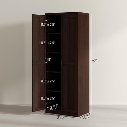 HOMCOM 63" 2-Door Kitchen Pantry 5-Tier Cinnamon Cherry Wood Grain | Freestanding Storage Cabinet, Shelving, 2 Adjustable Shelves, for Dining Room