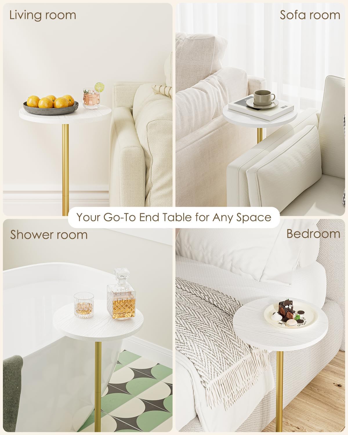 Masupu Drink Table, Round Side Table for Small Spaces, Pedestal Side Table, Small End Table with Metal Base, for Living Room, Bedroom, Bathroom, White Gold
