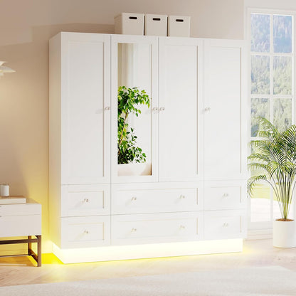 VOWNER Wardrobe Closet with 4 Doors Bedroom Armoire with Mirror & 6 Drawers