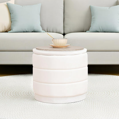 15.4" Round Velvet Storage Ottoman with Reversible Lid, Upholstered Circular Ottoman Footrest with Hidden Storage, Foldable Padded Footstool for Dorm Living Room & Bedroom, White
