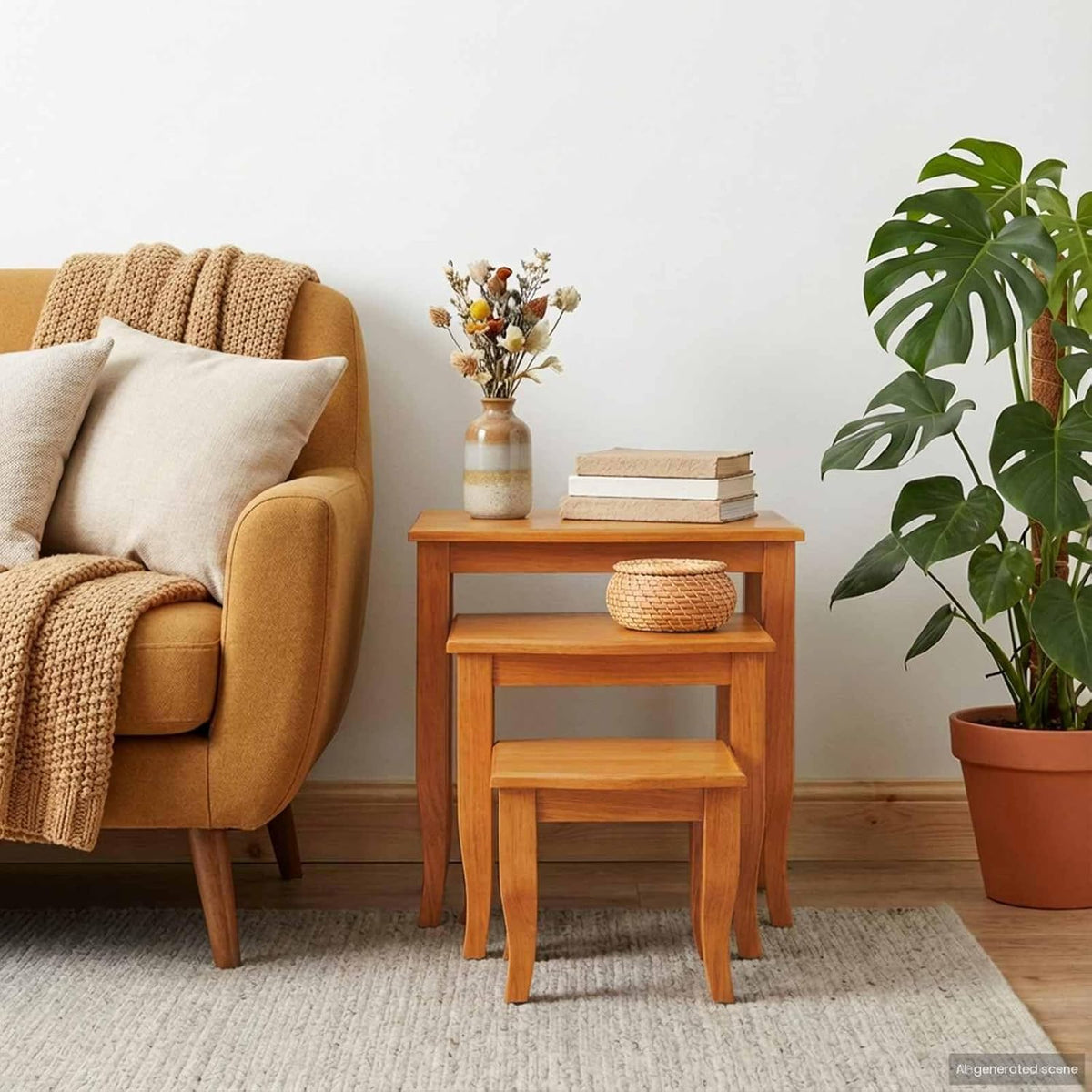 Nesting Side Tables 3 pcs Natural 23.62 x 17.72 x 23.82 in | Solid Mahogany Wood, Space Saving Stackable Design, Rustic Living Room Accent, Easy Maintenance