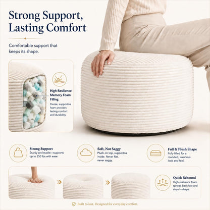Round Pouf Ottoman Foot Rest 20 X 15 - Floor Pouf for Living Room Seating, Soft Corduroy Ottoman, Lightweight Foot Stool for Couch