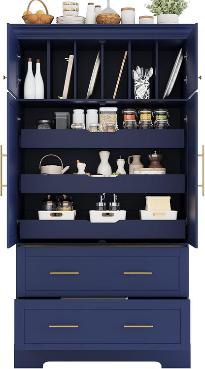 Farmhouse Kitchen Pantry Cabinet, Tall Freestanding Cupboard with Pull-Out Trays, Drawers and Cake Pan Storage Organizer for Kitchen, Dining Room (Blue)