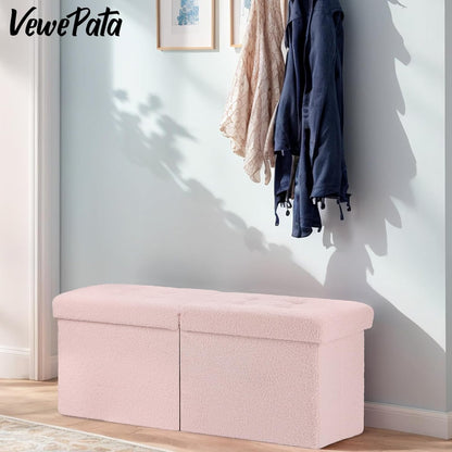 Storage Ottoman Bench, 34" Teddy Velvet Folding Foot Rest, Pink | Large Ottoman with Storage, Thicker Foam Padded Seat, 34 x 13 x 13in, Livingroom, Dorm, Bedroom, Easy to install, 86L