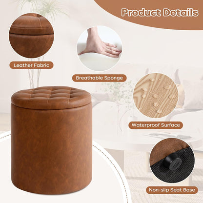 Round Ottoman with Storage Set of 2, 12.6"W x 14.17"H & 14.76"W x 17.32"H Faux Leather Button Tufted Storage Ottoman, Boucle Vanity Stool Footrest Coffee Table for Living Room, Bedroom, Brown