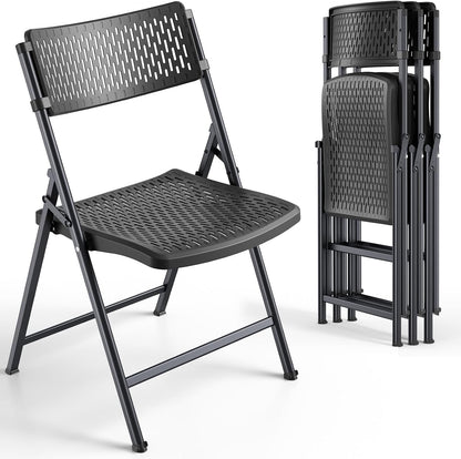 Black Folding Chairs 4-Pack, Breathable Plastic for Card Tables & Indoor Outdoor, Easy-Clean & Supports 400 Lbs