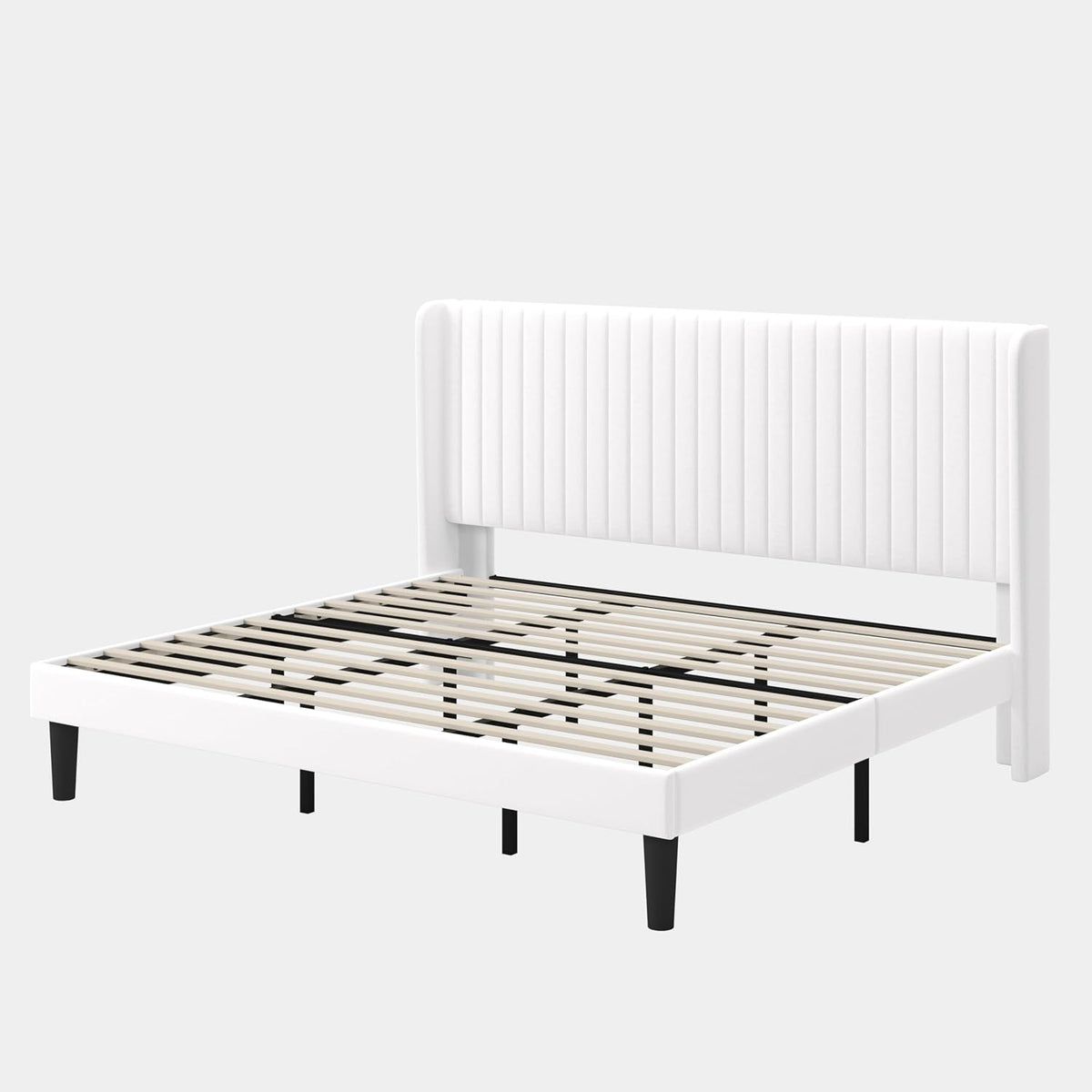 GOLDORO Upholstered King Size Bed Frame with Wingback Headboard, White