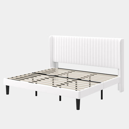 GOLDORO Upholstered King Size Bed Frame with Wingback Headboard, White