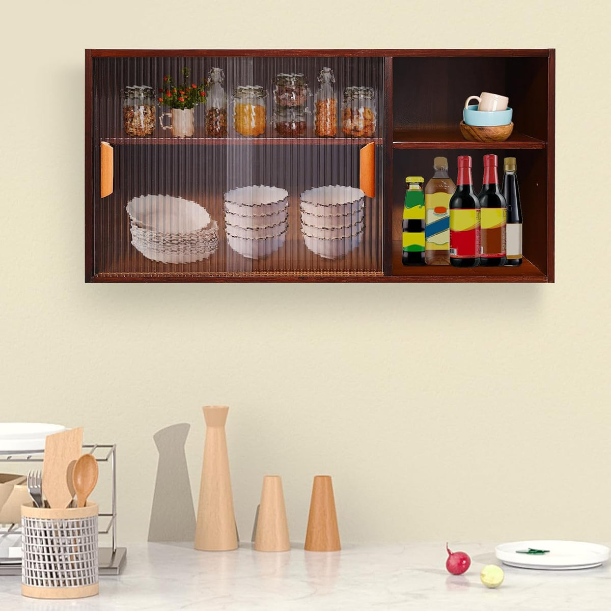 Kitchen Pantry Cabinet, Wall Mount or Countertop Sideboard with Glass Doors, 2 Tiers Rectangular Cupboard Food Pantry Cabinet for Kitchen, Dining Room, or Living Room (Walnut)