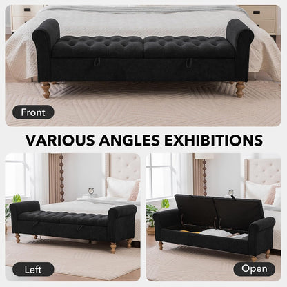 65" Oversize Storage Ottoman Bench, Fleece Upholstered End of Bed Benches with Rolled Armrest, Modern King Size Benches with Rolled Armrest, Window Bench (Black+Dual-Cover)
