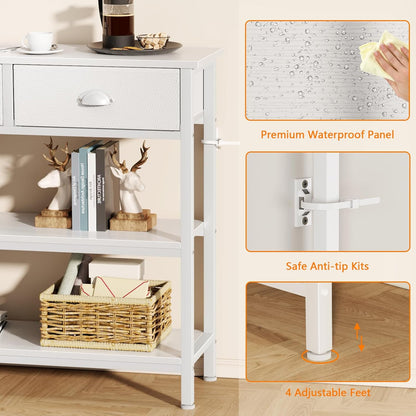 Furologee White Long 47" Console Sofa Table with 3 Drawers, Entryway Table with 3-Tier Storage Shelves, Display Shelf for Entry Way, Hallway, Couch, Living Room, Kitchen, Foyer | Industrial Hallway Table with Open Wooden Shelves for Hallway, Entry Way