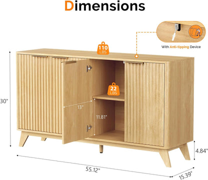 VINGLI 55" Buffet Cabinet with Storage, Fluted 4 Doors Sideboard Cabinet with Adjustable Shelves, Modern Storage Cabinet with Doors for Kitchen, Dining Room & Living Room, Natural Oak