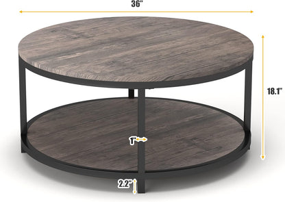 NSdirect Round Coffee Table,36" Coffee Table for Living Room,2-Tier Rustic Wood Desktop with Storage Shelf Modern Design Home Furniture(Light Walnut)