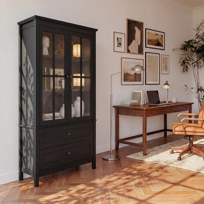 63" Kitchen Pantry Cabinet, Modern Farmhouse Storage Cabinet with Tempered Glass Doors & 2 Large Drawers, Wood Cupboard with Adjustable Shelves for Dining Room, Kitchen, Black