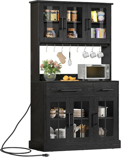 DWVO Kitchen Pantry Storage Cabinet with Microwave Stand, 71'' Tall Kitchen Hutch Cabinets with Power Outlet, Modern Food Pantry Hutch with Drawers ＆ Shelves for Home, Pack of 1, Black | 71" Tall Kitchen Hutch Cabinets with Power Outlet, Modern Food