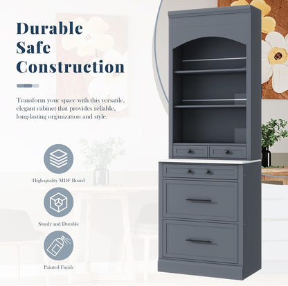 TOPMAX Modern 83.7inch High Kitchen Pantry, Freestanding Tall Kitchen Hutch with Faux Marble Top, Display Cupboard Cabinet with 5 Storage Drawers and Adjustable Shelf (Gray, 1 PCS)