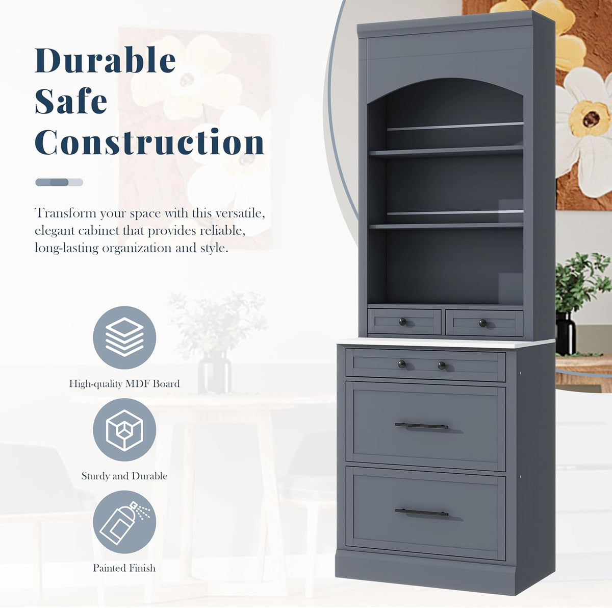 83.7Inch Tall Kitchen Pantry Cabinet, Freestanding Kitchen Pantry with Faux Marble Top, Corner Cabinet with 5 Storage Drawers and Adjustable Shelf, Gray