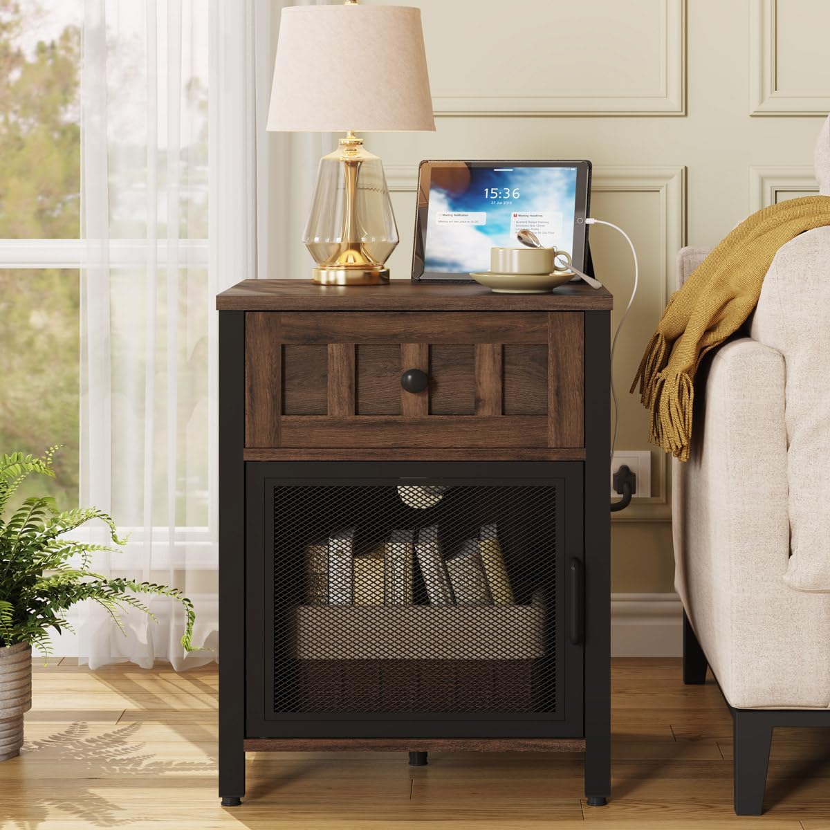 FATORRI End Table with Charging Station, Farmhouse Side Table with Drawer, Rustic Wood and Metal Nightstand and Bedside Tables for Living Room (Rustic Brown)