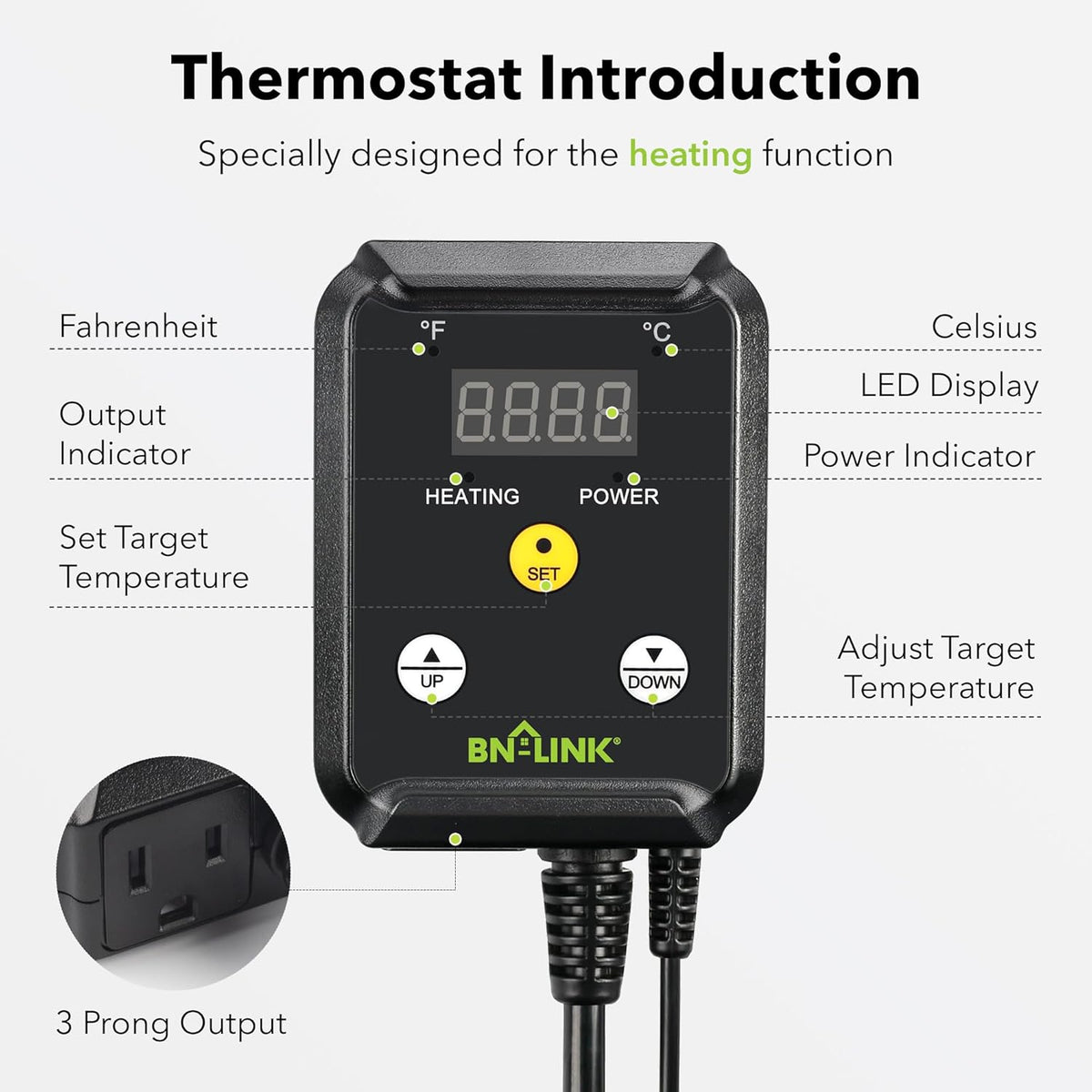 BN-LINK Reptile Thermostat Temperature Controller, Digital Heat Mat Thermostat for Seed Starting, Plant Germination, Greenhouse, Incubator, Brooder, Brewing, Reptiles Tank,40-108°F, 1000W, ETL Listed