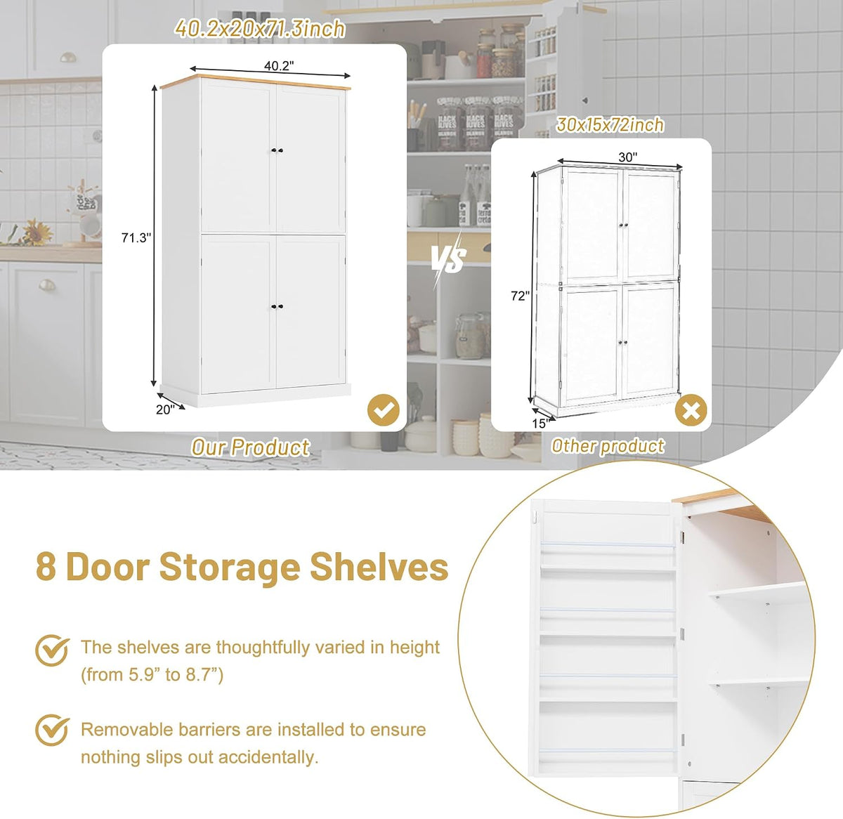 Merax 71" H Kitchen Pantry Large Cupboard Storage Cabinet with 4 Doors, Organizer, Drawer and Adjustable Shelves,Wood Cupboard for Kitchen, Dining Room, Bathroom, White