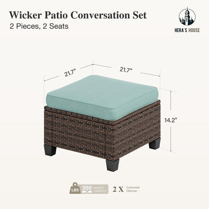 HERA'S HOUSE Outdoor Wicker Ottoman Set of 2, Patio Footstool Footrest Seat with 4" Cushions, 2 Pieces Brown Rattan Garden Stool, Blue