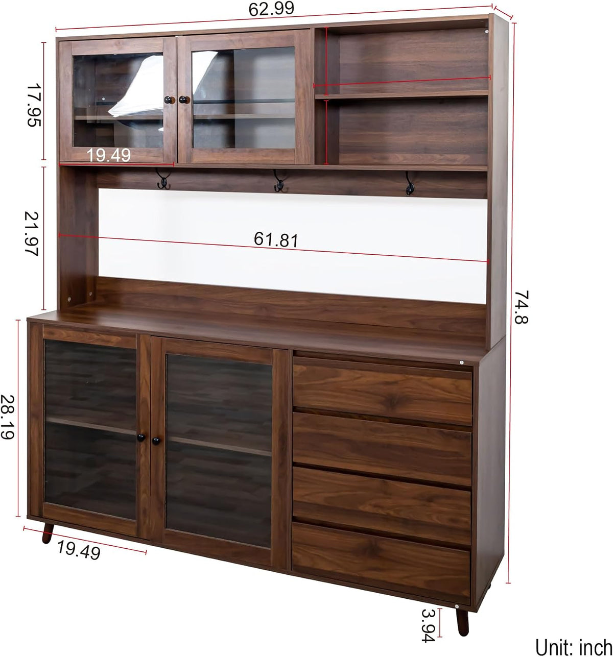 LUMISOL 63" Tall Walnut Rustic Modern Kitchen Hutch Cabinet Organizer, 4 Doors & 4 Drawers, 62.99"L x 15.75"W x 74.8"H, Kitchen Cabinet