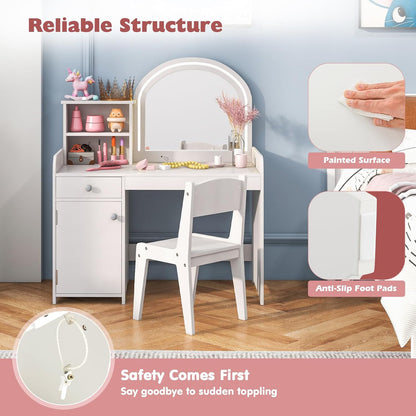 GOFLAME Kids Vanity Set with Lighted Mirror, Toddler Makeup Dressing Princess Table & Chair Set with Shelves, Drawer & Cabinet, Pretend Play Vanity Set with Mirror and 2-Color LED Lights, White