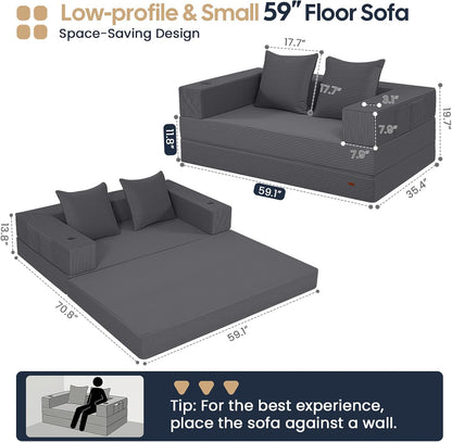 COMAX Futon Sofa Bed, Convertible Sofa Bed, Folding Couches | Low-Profile Small Couch for Living Room, 11.8" H Low Seat 59" Foldable Floor Sofa Lounge Space‑Saving