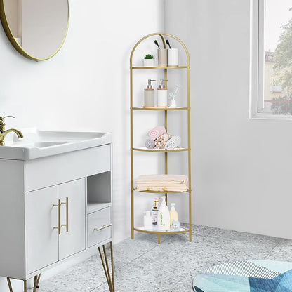 Homhedy 5-Tier Corner Shelf Stand, Metal Corner Bookshelf, Tempered Glass Shelves, Bathroom Storage Rack Shelf, Plant Stand, Modern Style, Golden