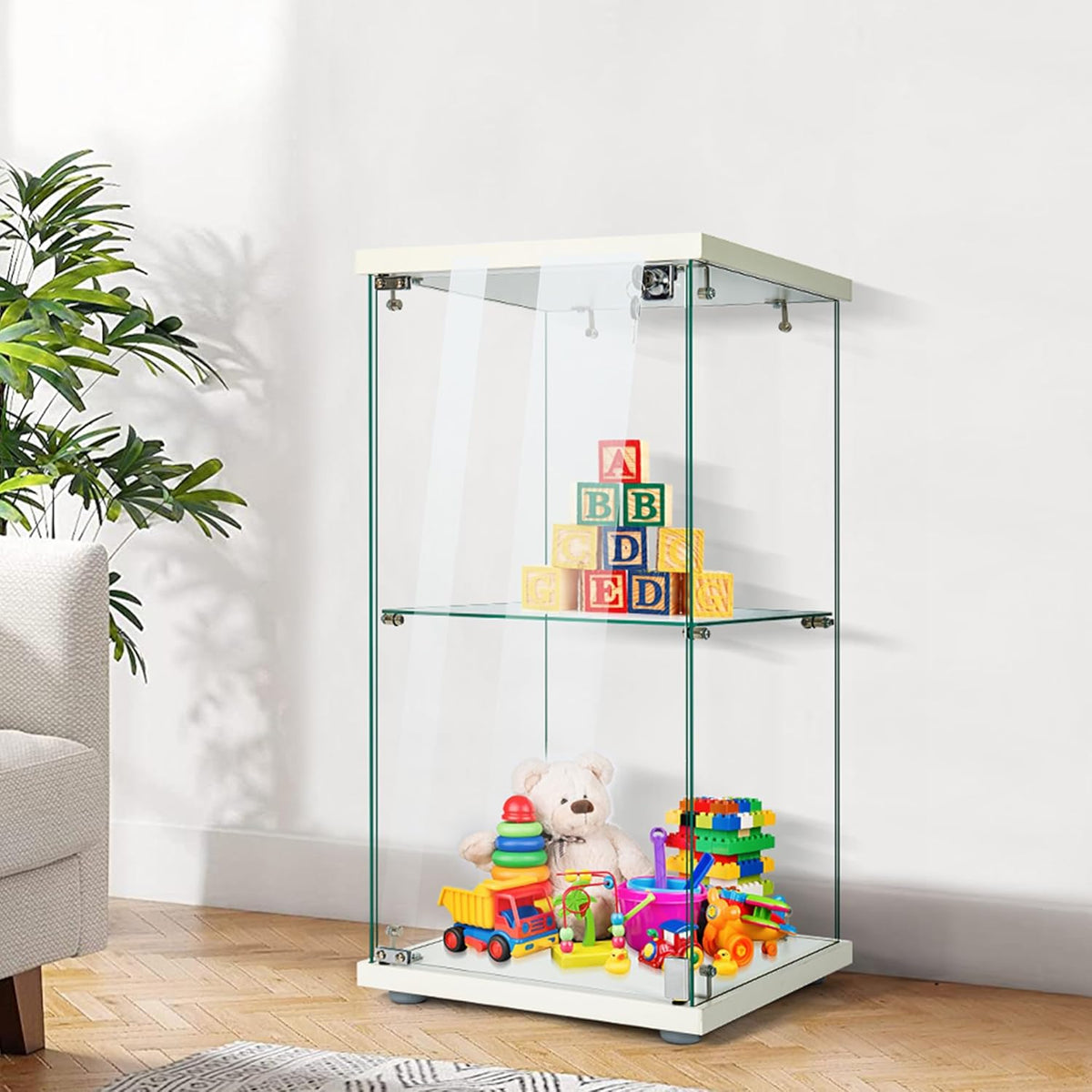VIVOHOME 2 Layers 15.7''W x 15.7''D x 31.9''H Glass Display Cabinet Showcase Countertop with Lock, Tempered Glass 25mm MDF Base