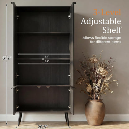 Ebony Fluted 51" Tall Wooden Kitchen Pantry Storage Cabinet Food Organize with Adjustable Shelves, Modern Accent Cabinet Sideboard Buffet for Dining Room, Entryway, Bathroom, Home Office