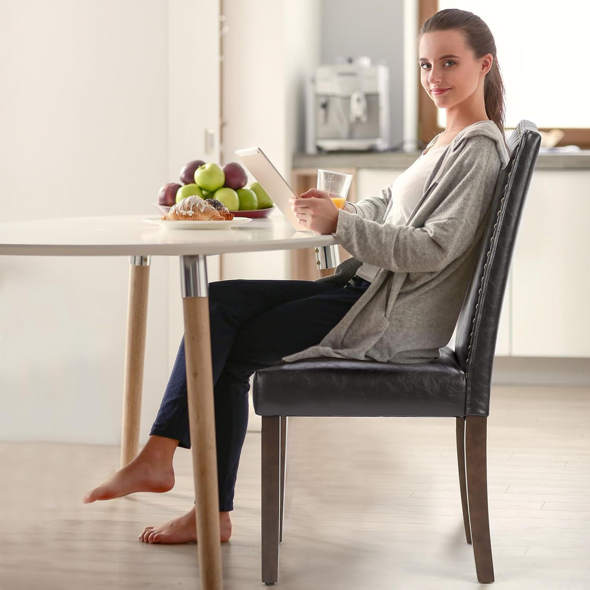 DUMOS Dining Chairs Set of 6, PU Leather Kitchen Chairs for Living Room | Upholstered, Wooden Legs, Padded Seat, High Back, Armless, Modern Accent, Dining Room, Restaurant, Brown