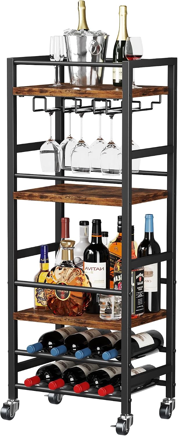Homeiju Small Bar Cart with 5-Tier Shelf, Mobile Kitchen Shelf with Wine Rack and Glass Holder, Mini Bar Cart for Small Spaces, Rustic Brown
