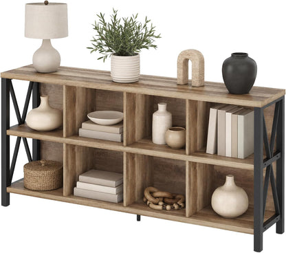 FATORRI 8 Cube Storage Organizer Bookshelf, 62 Inch Rustic Wood Horizontal Bookcase, Industrial Cube Long Book Shelf for Living Room (Rustic Oak)