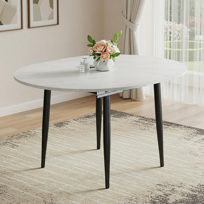 42"-54" Round to Oval Extendable Dining Room Table, White Faux Marble & Wood Grain Top with Black Metal Legs, Modern Round Dining Table for 4–6, Space-Saving Kitchen Table, Easy Assembly
