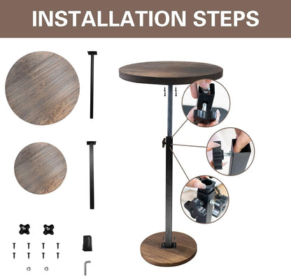 Small Side End Table, Adjustable Height and 360° Swivel Drink Desk for Small and Narrow Space, 11.7 Inch Diameter Rustic Round Table for Bar, Cafe, Living Room Sofa, Bedroom Nightstand