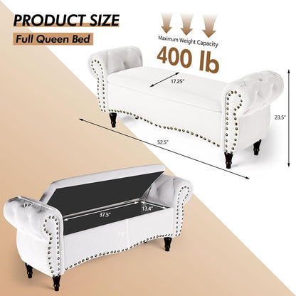 ZZW Storage Ottoman Bench, 51" Upholstered Bench & Ottoman with Safety Hinge, Tufted Bed Bench with Rolled Arm and Nailhead Trim, End of Bed Storage Bench for Bedroom, Living Room, Entryway White