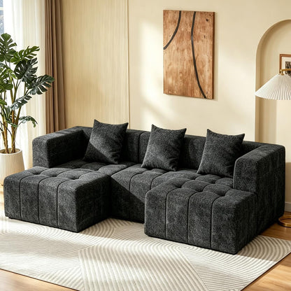 Modular Sectional Sofa with Deep Seat, Cloud Couch with 2 Movable Ottoman, No Assembly Required, Modern Plush Corduroy Cloud Couches for Living Room & Apartment, Black