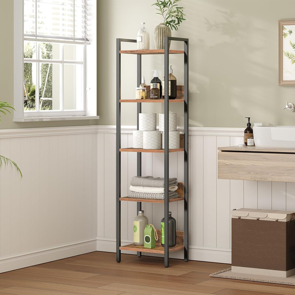 MAHANCRIS Bookshelf, 5-Tier Bookcase, Standing Book Shelf for Small Space, Storage Shelf Organizer, for Living Room, Bedroom, Study, Balcony, Rustic Brown and Black BKHR5501