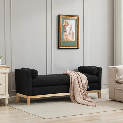 KEIKI Oversize Boucle Bench Ottoman with 2 Bolster Pillows & Wood Legs, Upholstered End of Bed Daybed Seating, Foot Rest Stool Furniture for Bedroom, Living Room, Entryway, Black Natural