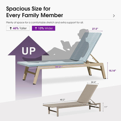 PURPLE LEAF Oversize Chaise Lounge Champagne Frame Set of 2, Pale Blue | 3-Year Color Retention PE Rattan, 2.4" Thickened Aluminum Frame, 16.14" Knee-Friendly Height, French-Inspired Style