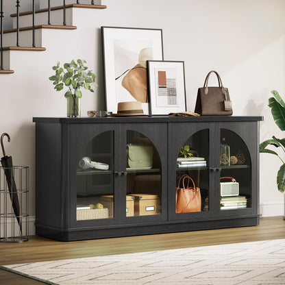ONBRILL 63 Inch Sideboard Buffet Cabinet with Glass Doors and 4 Doors Black