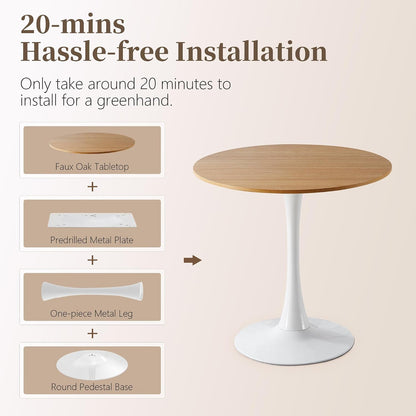 31.5 Inch Round Dining Table,Mid-Century Tulip Table with Metal Pedestal Base,Modern Leisure Table for Small Space Kitchen Dining Room,Easy Assembly,White and Oak