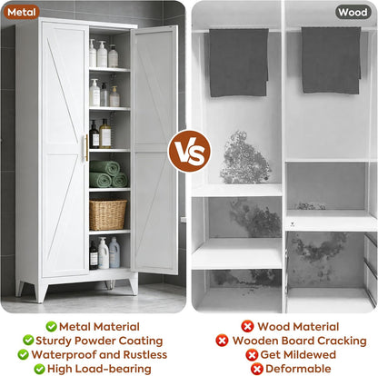 Metal Pantry Cabinet, 75.3-Inch Tall, 5 Adjustable Shelves, White | 75.3"H x 31.5"W x 15.75"D steel cabinet with 5 adjustable shelves, embossed doors, adjustable feet, and required assembly.