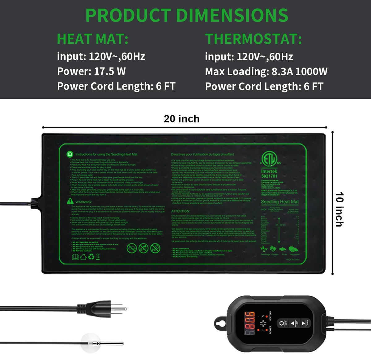 20"x 10" Seedling Heat Mat with Digital Thermostat Combo Set,ETL Certified and Durable Waterproof Warm Hydroponic Heat Mat for Germination,Indoor Gardening,Brewing and Greenhouses